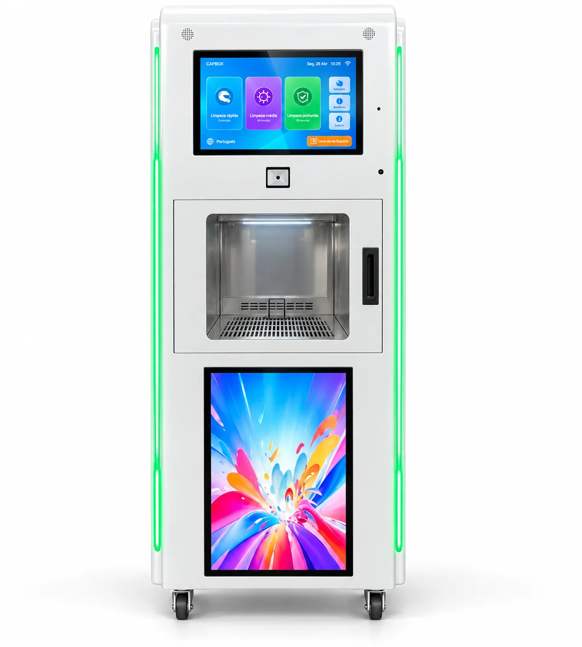 Máquina CAPBOX PRO+TV branca, vista frontal com tela de mídia