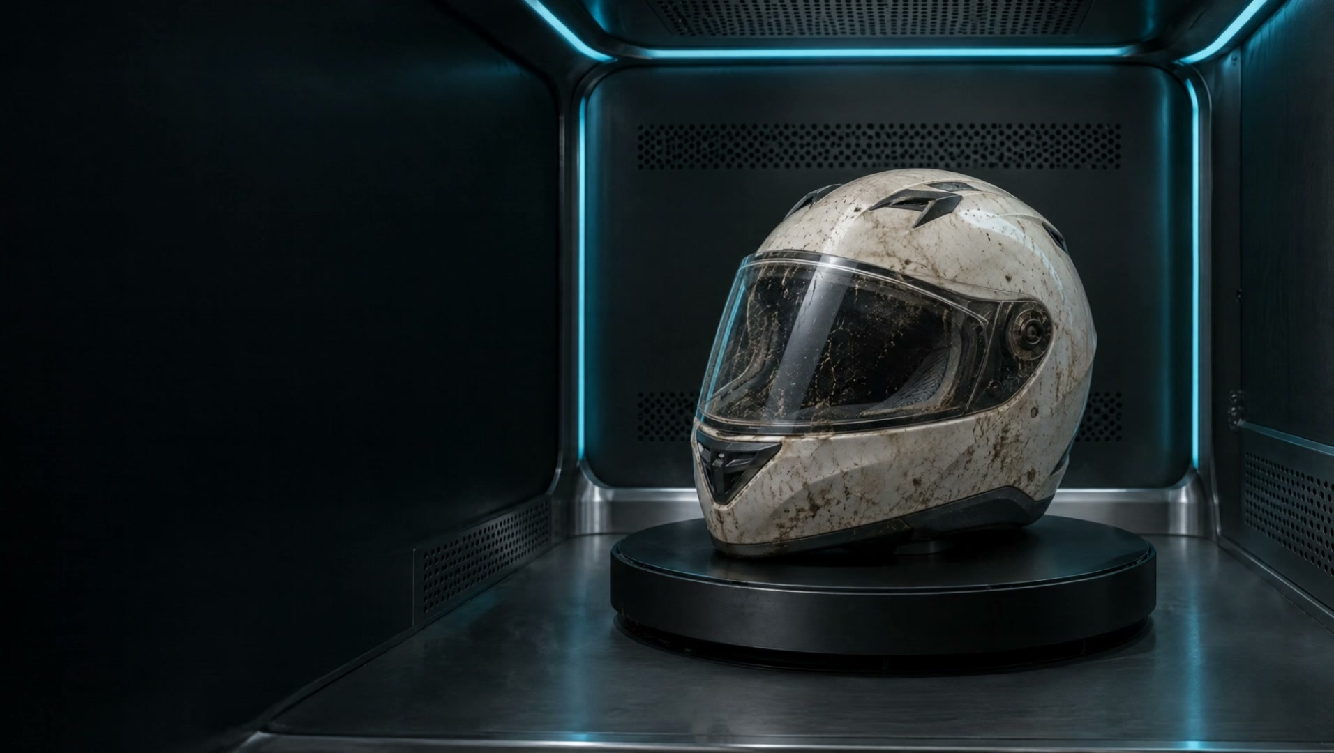 Capacete sobre uma base giratória dentro de uma cabine fechada